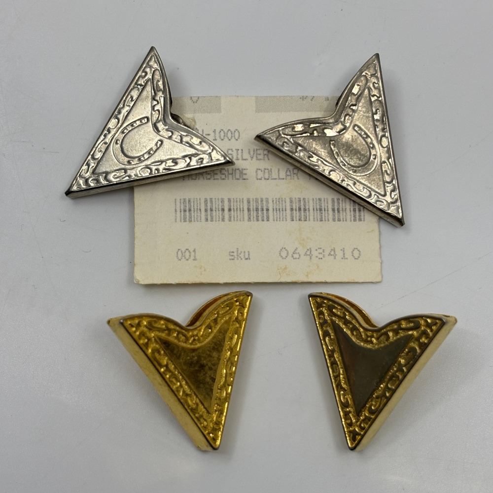 Vintage Western Collar Tips Set Silver Horseshoe Gold Engraved Metal 2 Pairs